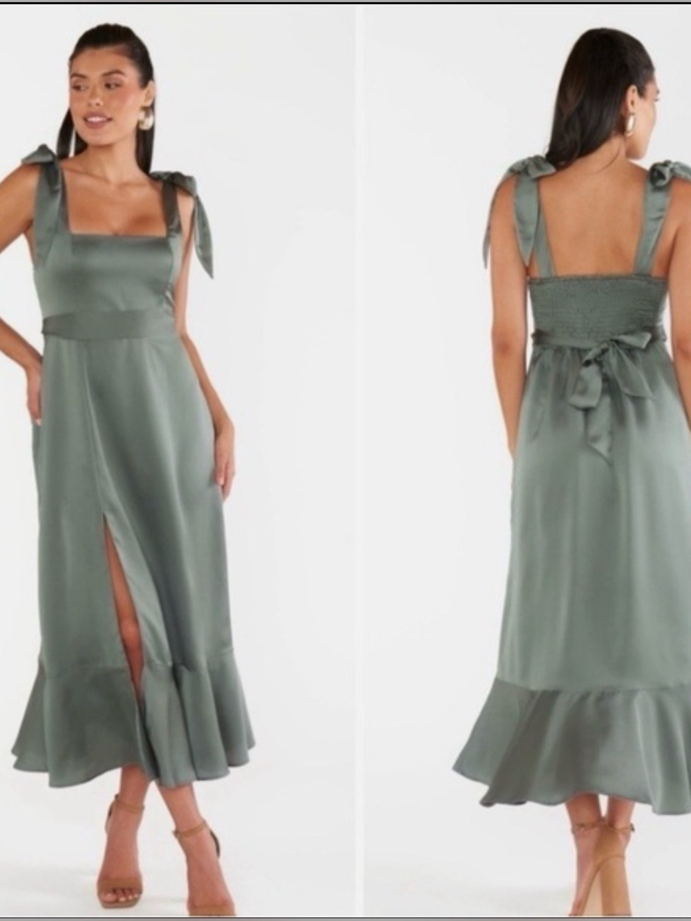 Show Me Your Mumu Claire‎ Midi Dress Sage Green Luxe Satin Bridesmaid Medium